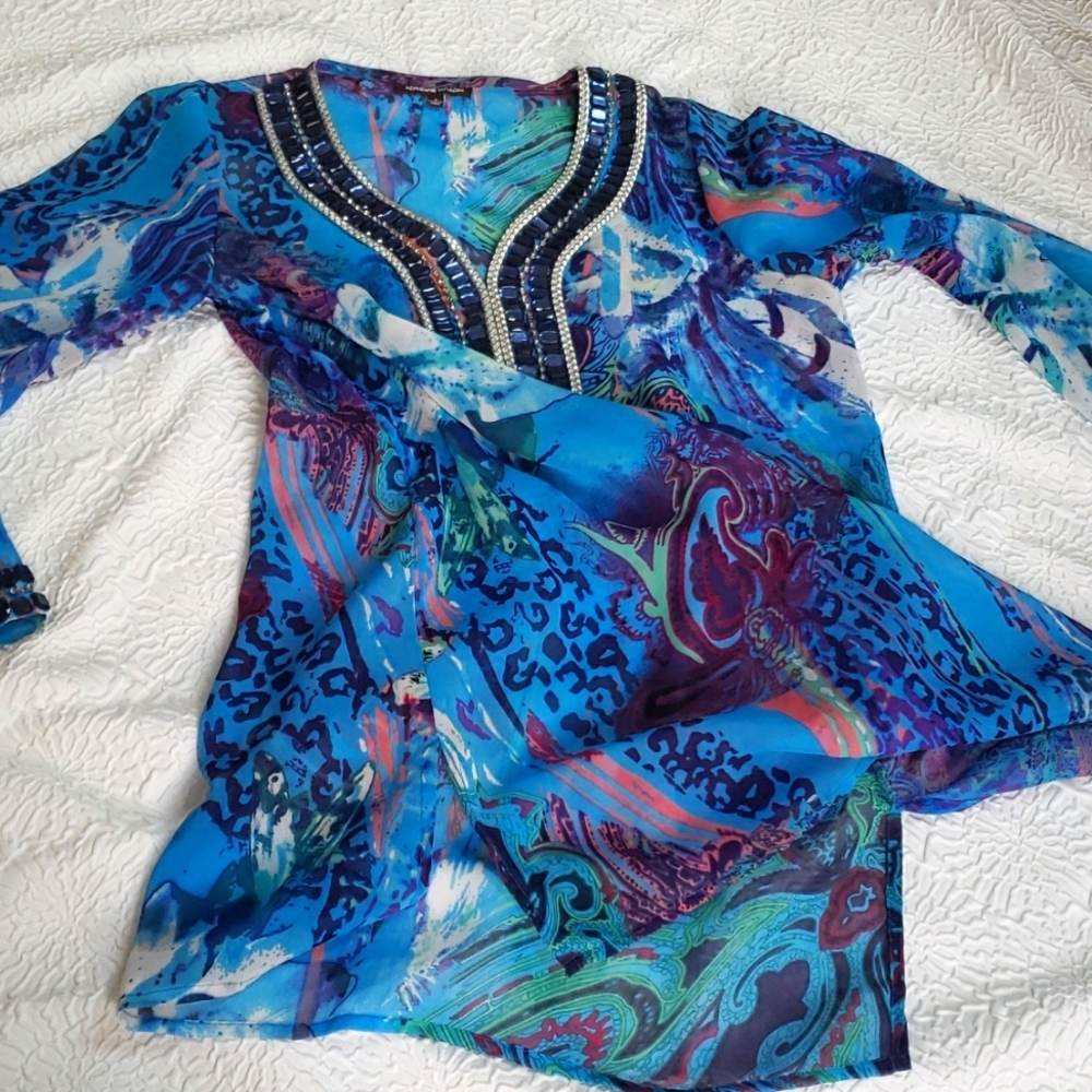 Adrienne Vittadini Embellished Chiffon Multicolored Long-sleeve Tunic, Size S